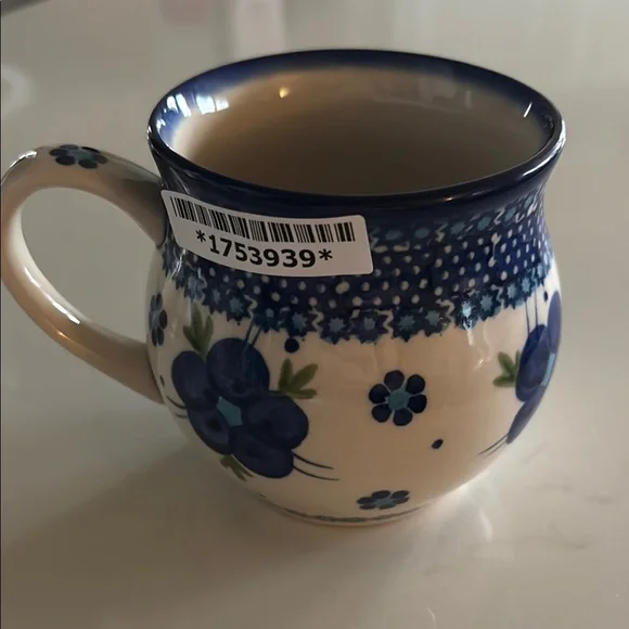 Authentic Polish Pottery Blue Floral Ceramic Mug - Picture 4 of 6